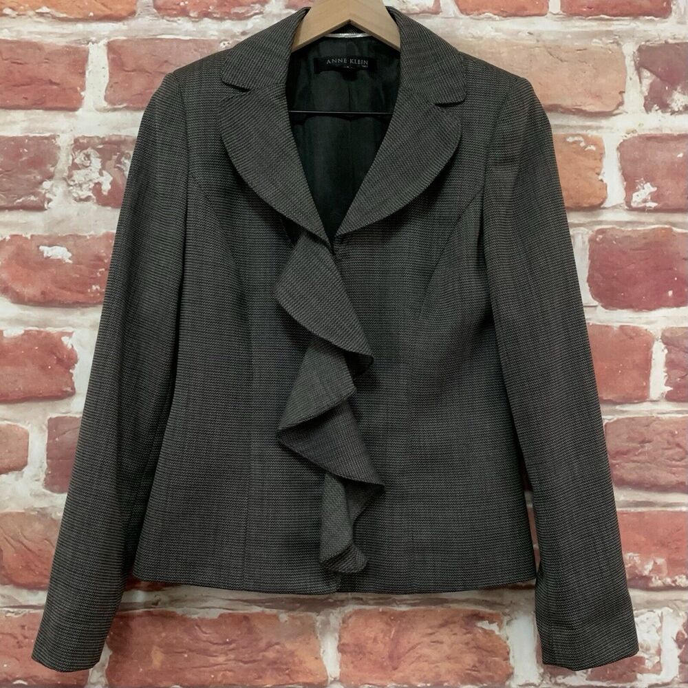 Anne Klein Blazer Womens Size 6 Gray Multicolor Ruffle Career Office Work Jacket